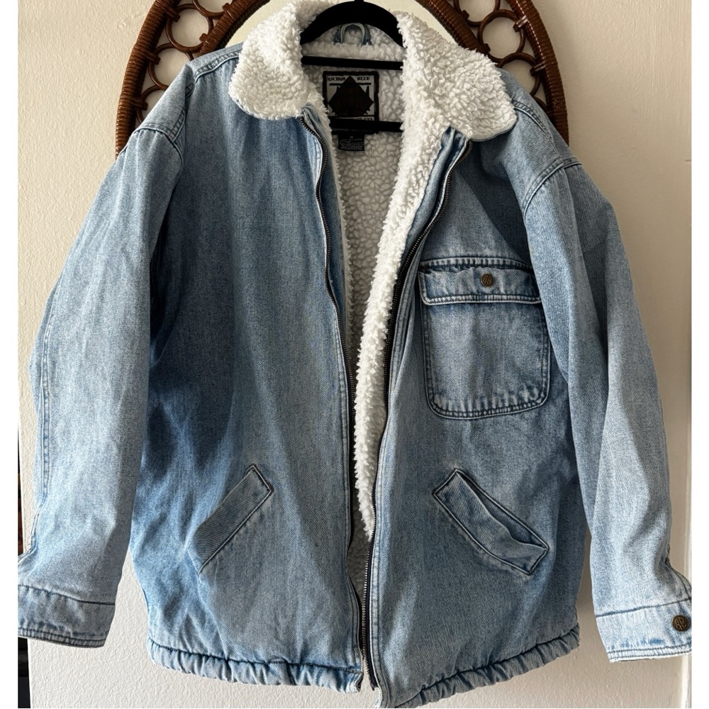 Vintage Y2K Anchor Blue Sherpa lined denim jacket barn coat chore jacket